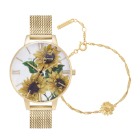 【Olivia Burton】Sunflower系列- 金殼向日葵白貝面金色不鏽鋼米蘭帶腕錶手鏈組合-34mm(OBGSET165)