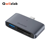 Qwiizlab 4-in-1 SD MicroSD Card Readers 5Gbps USB 3.0 Type-C Hub Adapter for MacBook iMac iPad Surface Pro (Gray)