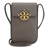 【TORY BURCH】簡約金屬雙T LOGO荔枝皮革翻蓋手機包斜背包(深灰)