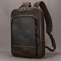 Vintage Men's Crazy Horse Leather Backpack genuine leather Retro Rucksack Large Classic Travel Backpack Big laptop computer bag