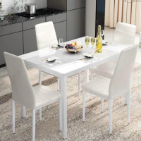 Marble Dining Table 4-piece Set, Comfortable PU Leather Chairs, Dining Room Small Space Dining Table Set, Living Room，White