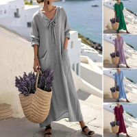 Đầm maxi vải cotton linen cho nữ, tay dài, cổ chữ V, đầm mùa hè thường ngày đi biển với túi