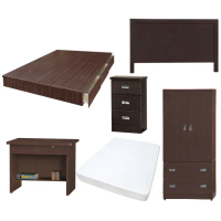 【顛覆設計】房間六件組 床頭片+抽屜床+獨立筒+床頭櫃+衣櫥+書桌(雙人5尺)