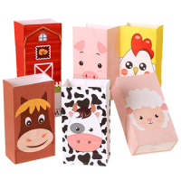 6 PCS Farmland Carton Animal Gift Bags Paper Candy Biscuit Bag Farm Birthday Party DIY Packaging Supplies Barn Animal Food Bags
