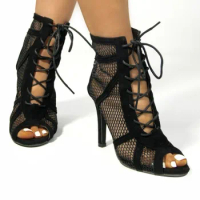 New 2024 Women's Heels Sandals Summer Trend High Top Dance Shoes Black Ballroom Boots Salsa Tango Shoe Girl Fashion Party Mesh