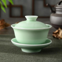 Chinese Celadon Gai Wan Tea Set Gaiwan Porcelain Gaiwan for Travel Chawanmushi Bowl With Lid Bowl Lotus Hand Drawing Soup Tureen