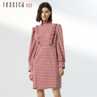 JESSICA RED - 復古優雅格紋木耳邊長袖洋裝82417H（橘紅）