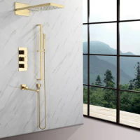 Bathroom Thermostatic Rain Shower Faucet Set Gold Brass Bathroom Shower Faucets Wall Mounted Bath Shower Mixer Shower Head Taps