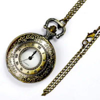 6048 Classic Bronze Flower Engraved Pocket Watch Retro Dual-dial Design Mini Pedant Watch Exquisite Casual Gift Fob Watch