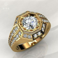 雅夢緹鍍沙金八邊形鋯石戒指 潮男幾何形新款戒指周年手飾情侶款