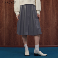 EPISODE - 時尚百搭鬆緊腰寬鬆羊皮長皮裙E35101（黑灰）