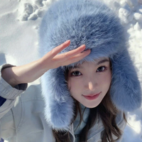 藍色仿貂絨雷鋒帽女冬毛絨絨北方滑雪防寒保暖護耳帽加絨加厚帽子