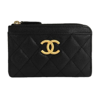 【CHANEL 香奈兒】AP4478 經典雙C復古LOGO 菱格紋牛皮拉鍊零錢包名片夾(黑色)