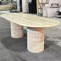 Luxury Customized Natural Beige Travertine Dining Table Stone Furniture Dining Table Fluted Oval Marble Travertine Dining Table