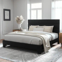 Allewie King Size Platform Bed Frame with Velvet Upholstered Headboard and Wooden Slats Support, Fully Upholstered Mattress