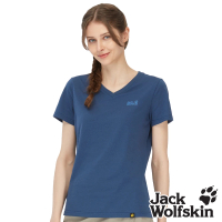 Jack wolfskin 飛狼 女 涼感棉V領短袖排汗衣 素T恤(深藍)