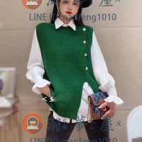 長袖襯衫針織圓領開叉馬甲春秋背心休閒穿搭潮歐貨時尚百搭毛衣女【淘夢屋】