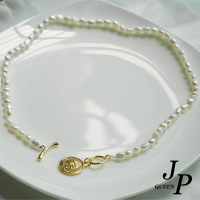 【Jpqueen】復古港風女王金幣珍珠串鎖骨短項鍊(3色可選)