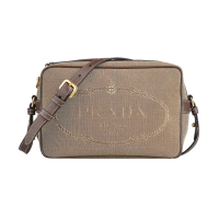 【PRADA 普拉達】PRADA刺繡LOGO牛皮滾邊拉鍊帆布斜背相機包(棕x深褐)