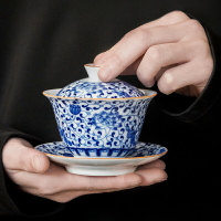 青花瓷蓋碗茶杯單個陶瓷泡茶碗日式功夫茶具復古三才蓋碗敬茶碗