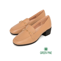 GREEN PINE典雅金屬扣牛皮舒適粗跟鞋杏色(00325582)