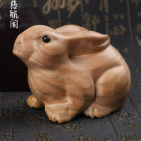 老桃木兔子擺件木雕刻生肖實木質制大小號一對可愛客廳桌面工藝品