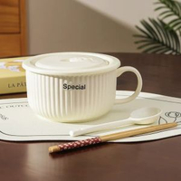 全城熱賣 - 忌廉風陶瓷泡麪碗家用帶蓋保鮮飯碗可微波爐學生手柄碗上班便當盒（奶白色）6英寸泡麪碗+保鮮蓋+白長勺+筷子 1000ml