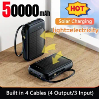 50000mah Solar Power Bank Built Cables Fast Charge Portable Solar Charger 4 USB Ports External Battery Powerbank With Led Light