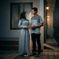 Set Couple Muslim ABU-ABU Premium | Gamis Etnik Modern + Koko Kombinasi Batik | Baju Lebaran & Konda