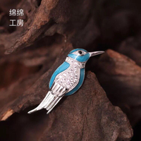 創意款中國風925純銀復古高檔彩色小鳥胸針配件diy珍珠鳥飾品針