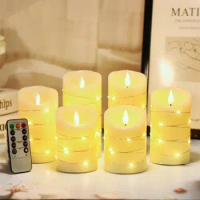 Flameless Candles Embedded with Fairy String Light Flickering LED Candles Remote Controlled w/Timer Paraffin Candle Lights Table