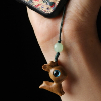 綠檀木食夢鹿手機掛件跳躍鹿可愛小鹿木質車鑰匙掛件手機鏈工藝品