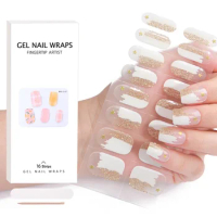 16 Strips Fashion Semi-Cured Gel Nail Sticker Nail Gel Strips Long Lasting Full Cover Decals Gel Wraps Nail Patch UV Lamp Need