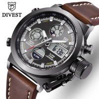 DIVEST Brand Luxury Men's Sport Watches Men Dual Display LED Digital Waterproof Leather Strap Quartz Military Watch Man Clock