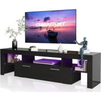 LED 63 inch TV Stand with Large Storage Drawer for 40~75 Inch TVs, Black Wood Console Living Room TV Cabinet