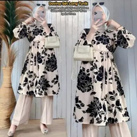Almira One Set Wanita Kekinian Tunik Ruffle Rayon Premium Outfit Baju Setelan Celana Kulot LD 110 cm