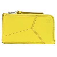 【LOEWE 羅威】PUZZLE 經典烙印LOGO幾何拼接小牛皮信用卡名片零錢包(黃)