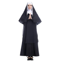 Kostum Halloween untuk wanita, kostum Cosplay pendeta biarawati, Set kostum Cosplay dewasa, Gaun wanita