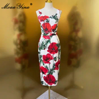 MoaaYina Fashion Designer Suit Summer Women's Spaghetti Strap Square Collar Carnation Print Top+Skirt 2 Pieces Set