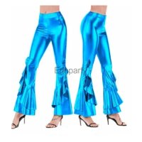 New Women Sexy Shiny Metallic Pants Gold Flare Trousers Laser Metallic Wetlook Ruffle Wide Leg Pants 70s Disco Hippie Clubwear