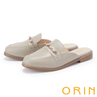 【ORIN】金屬珍珠鍊牛皮平底穆勒鞋(可可)