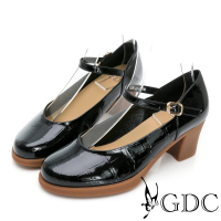 【GDC】漆皮素色圓頭原宿風石紋繞帶跟鞋-黑色(224461-00)