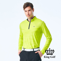 【KING GOLF】男款薄款立領拉鍊半截迷彩KG印花長袖POLO衫/高爾夫球衫-亮綠色