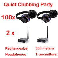 Silent Disco Black Led Wireless Headphones - Quiet Clubbing Party Bundle (100 Headphones + 2 Transmitters)