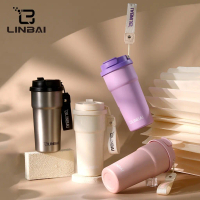 LINBAI Ceramic Liner Stainless Steel Coffee Mug With Lid Vacuum Flask Hot And Cold Tumbler - Purple
