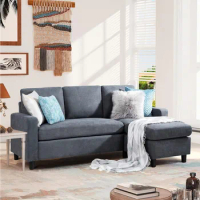 Sofa, convertible segmented sofa, modern linen fabric L-shaped, 3-seater segmented sofa with flippable lounge chair