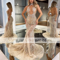 2021 Charming Sequin Mermaid Prom Dresses Appliques Backless Illusion Evening Dress Robe De bal De forme sirène