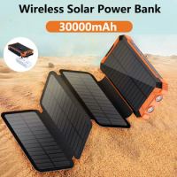 Foldable Solar Power Bank 30000mAh Qi Wireless Charger Powerbank Built in Cable for iPhone 13 12 Samsung S22 Xiaomi Mi Poverbank