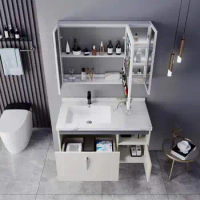 Washroom Modern 1 Set Floating Wall Mounted Artificial Stone Counter Top Sink Bathroom Vanity With Smart Mirror Cabinet