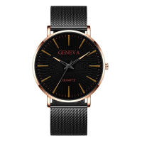 Geneva 日內瓦-莫里斯網紋簡約刻度米蘭帶手錶-黑帶黑盤玫金框/40mm